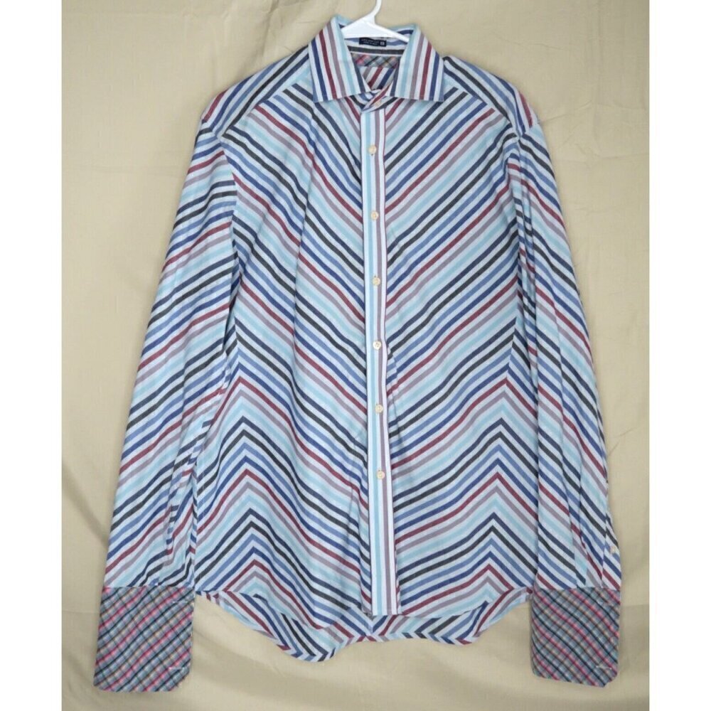 Robert Graham Button Up Dress Shirt French Cuffs Striped Multicolor Men's Large